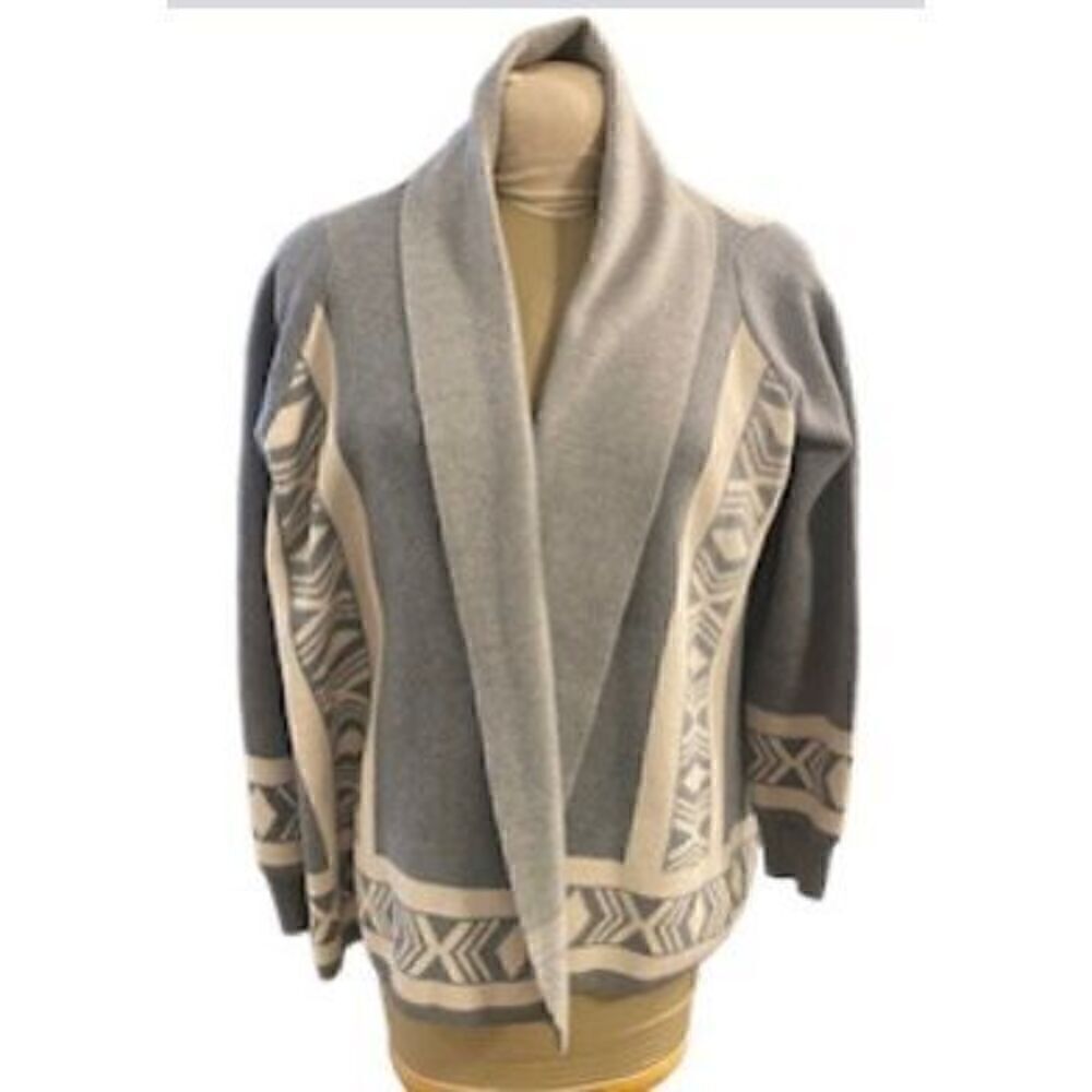 LAPIS Women’s Open Front Cardigan Tribal/Aztec Design Grey/White Size M